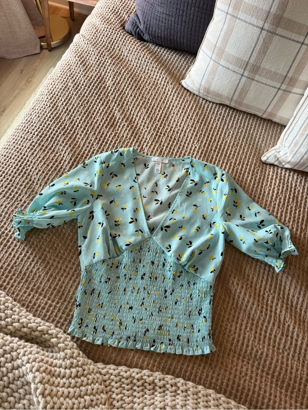 Leith Aqua Floral Smocked Peplum V-Neck Top